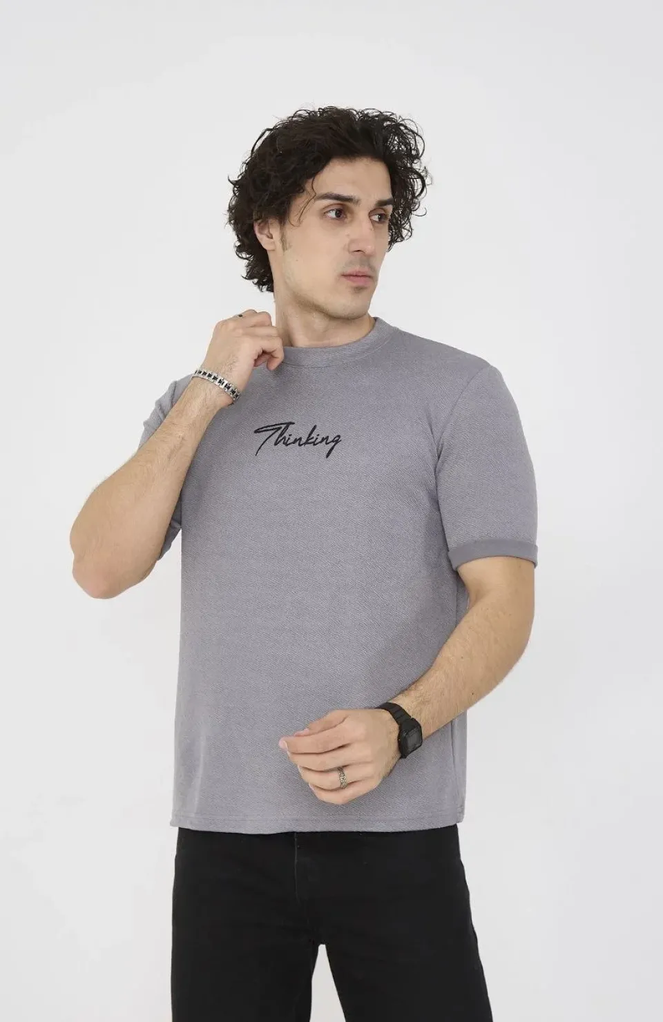 Unisex Bisiklet Yaka Slim fit T-Shirt- Gri