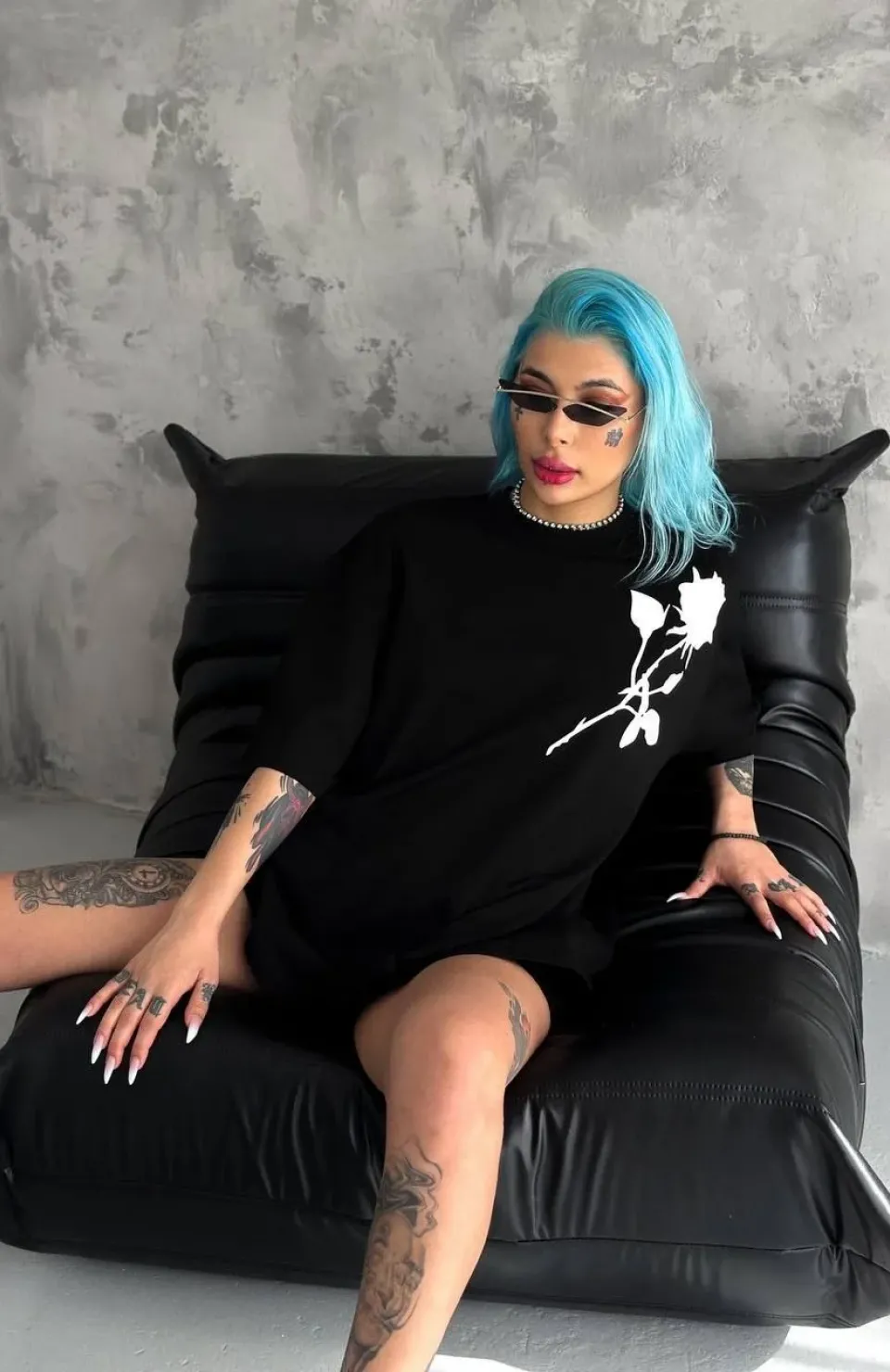 Unisex Bisiklet Yaka Baskılı Oversize T-Shirt - Siyah