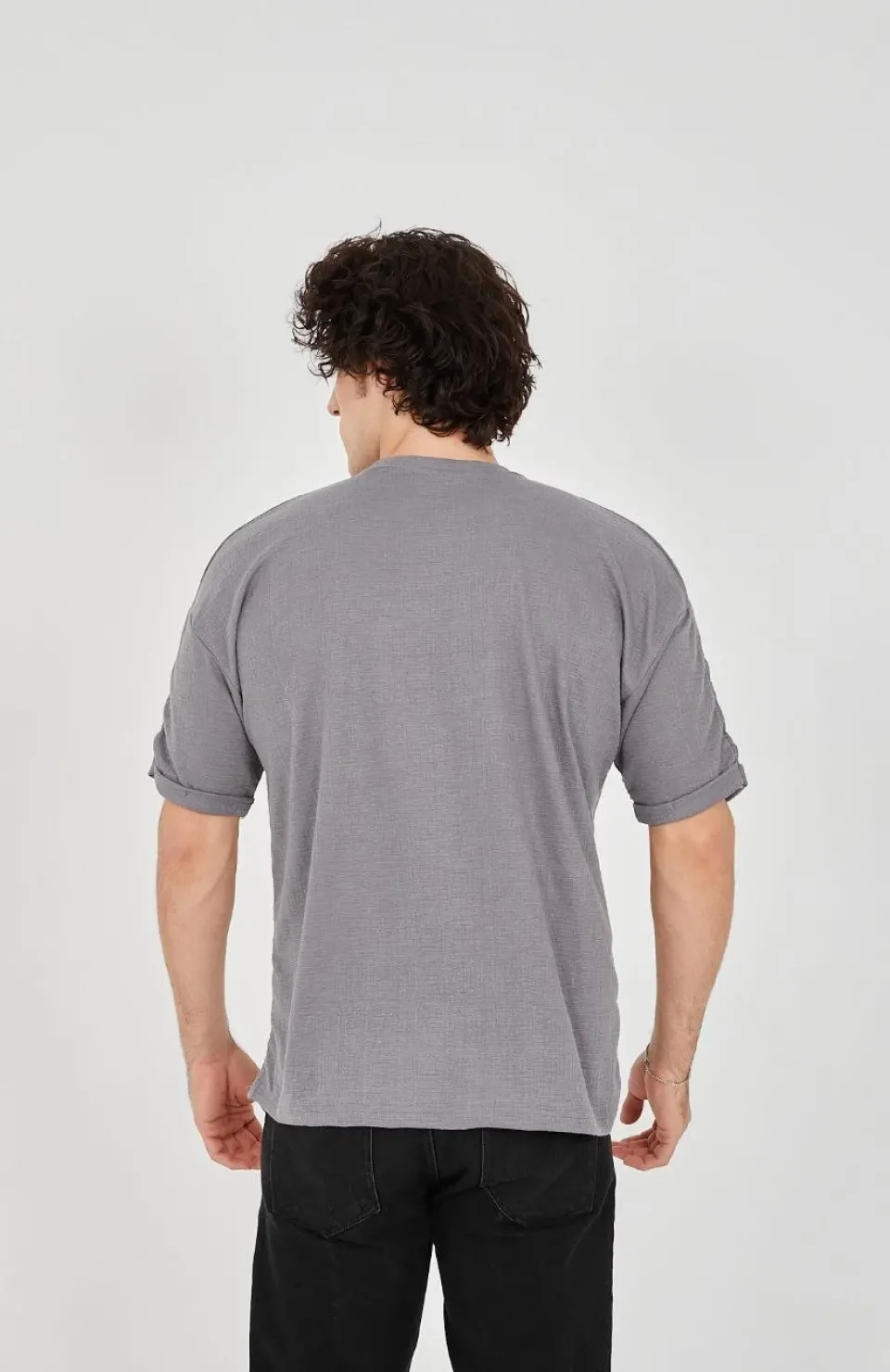 Unisex Jakar Kumaş Rahat Kol T-Shirt - Gri