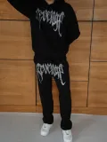 Erkek Premium Taş Baskılı Eşofman Takım Revenge Model (Siyah) Kapüşonlu Üst + Taşlı Baskılı Alt Modern Streetwear Tarzı Oversize Rahat Kalıp 3 iplik Pamuklu - Siyah