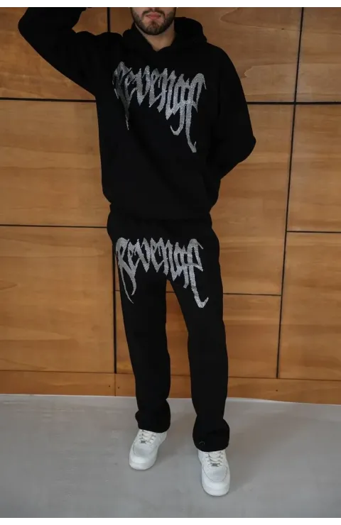 Erkek Premium Taş Baskılı Eşofman Takım Revenge Model (Siyah) Kapüşonlu Üst + Taşlı Baskılı Alt Modern Streetwear Tarzı Oversize Rahat Kalıp 3 iplik Pamuklu - Siyah