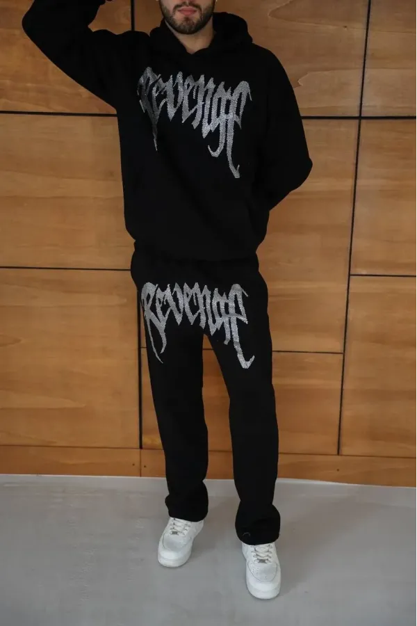 Erkek Premium Taş Baskılı Eşofman Takım Revenge Model (Siyah) Kapüşonlu Üst + Taşlı Baskılı Alt Modern Streetwear Tarzı Oversize Rahat Kalıp 3 iplik Pamuklu - Siyah