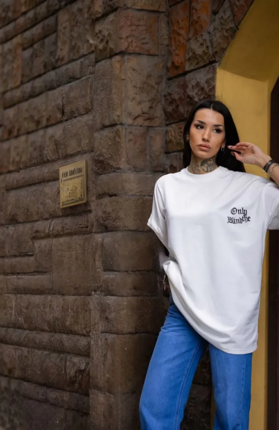 Unisex Bisiklet Yaka Baskılı Oversize T-Shirt - Beyaz
