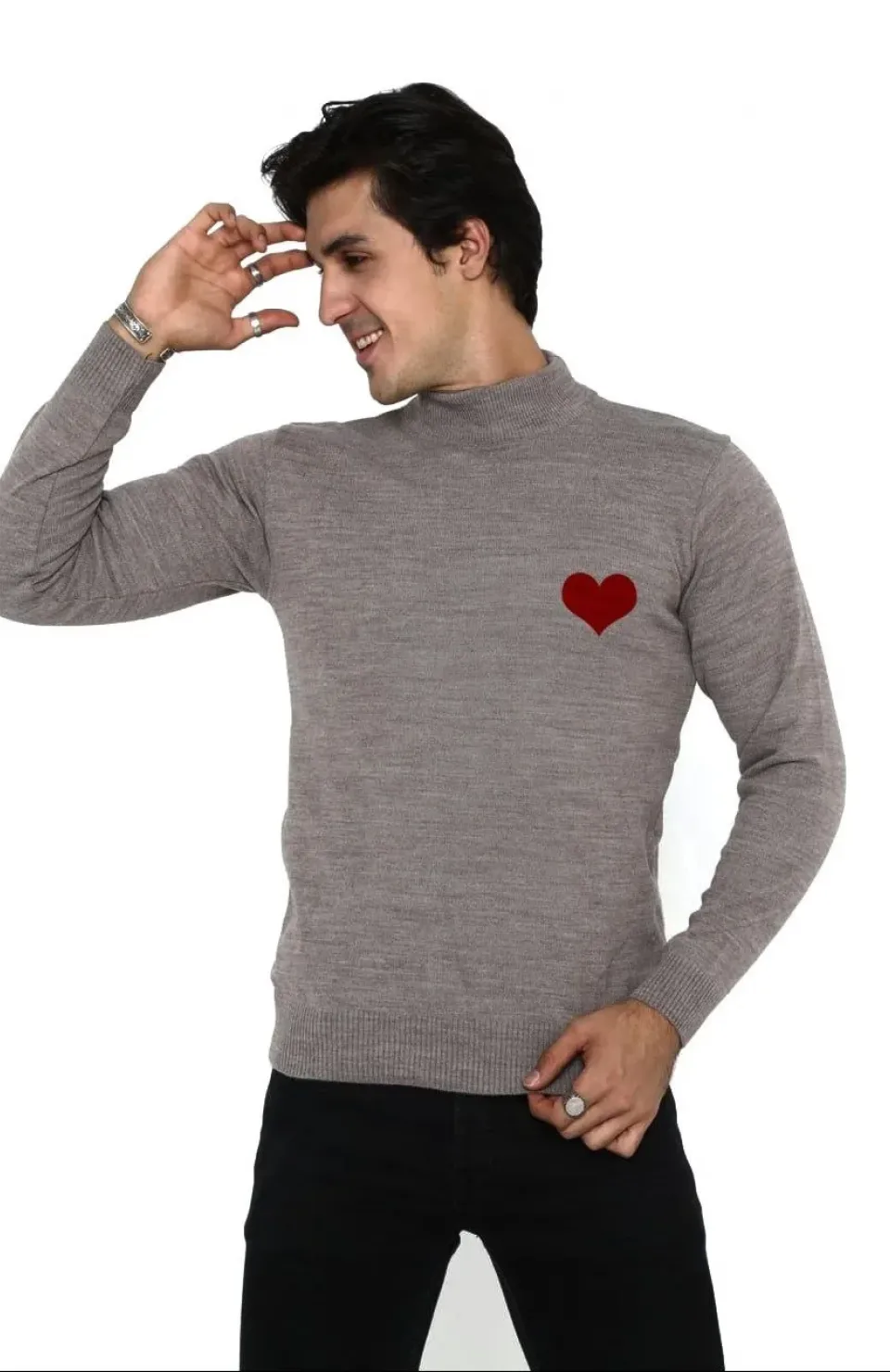 Unisex Yarım Boğazlı Baskılı Dokuma Triko - Vizon