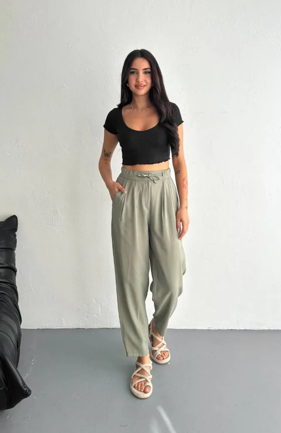 Kadın Yüksel Bel Beli Bağcıklı Cepli Rahat Paça Pantalon - Su Yeşili