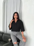 Z Krep Kadın Crop Yakalı Gömlek İlik Düğmeli Üç Çeyrek Sleeve Kol - Siyah