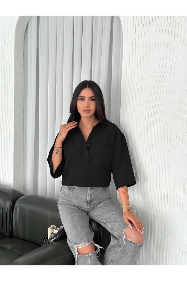 Z Krep Kadın Crop Yakalı Gömlek İlik Düğmeli Üç Çeyrek Sleeve Kol - Siyah