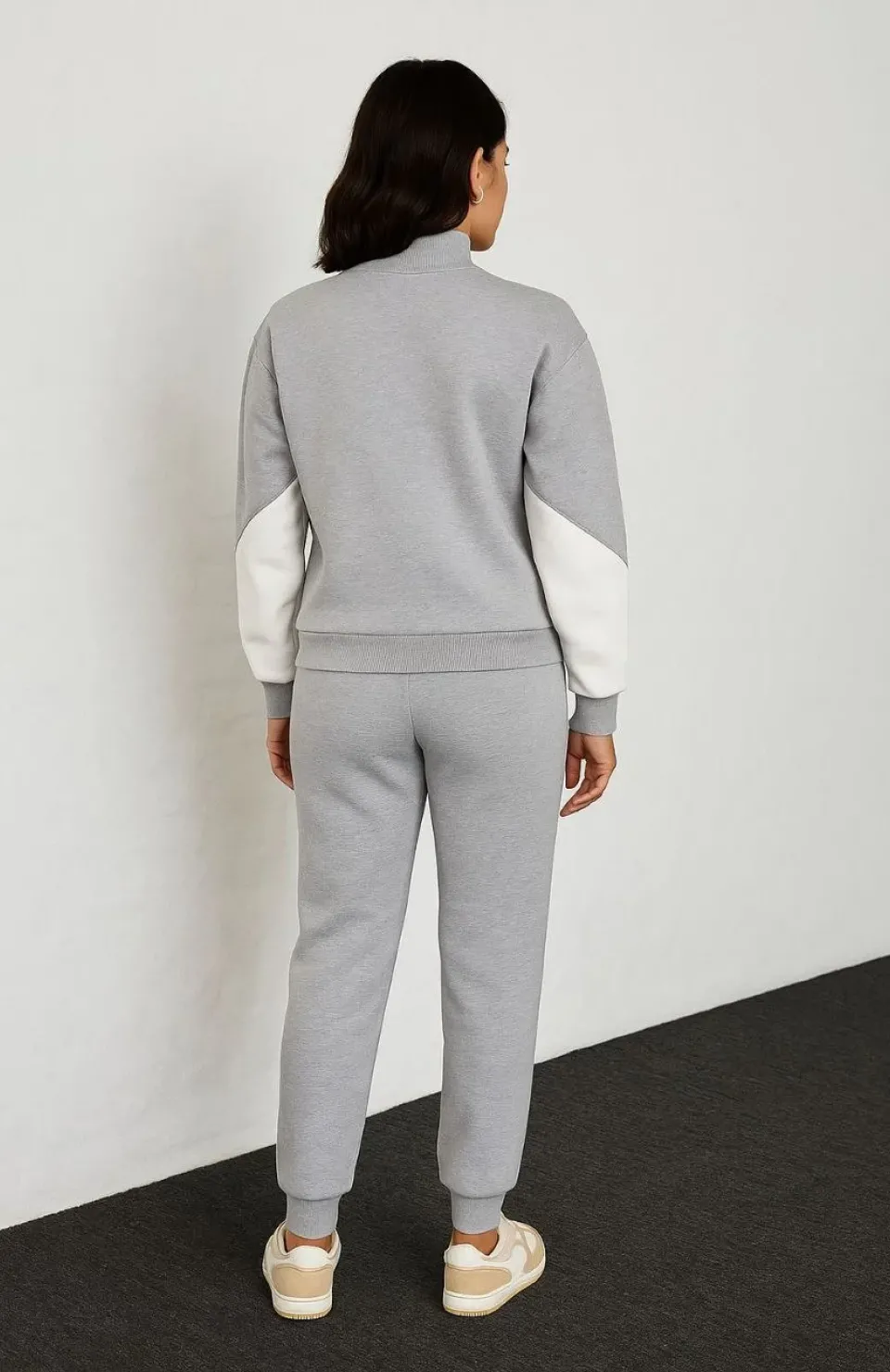 Kadın Premium Parçalı Eşofman Takım - Dik Yaka Fermuarlı Sweatshirt - Gri