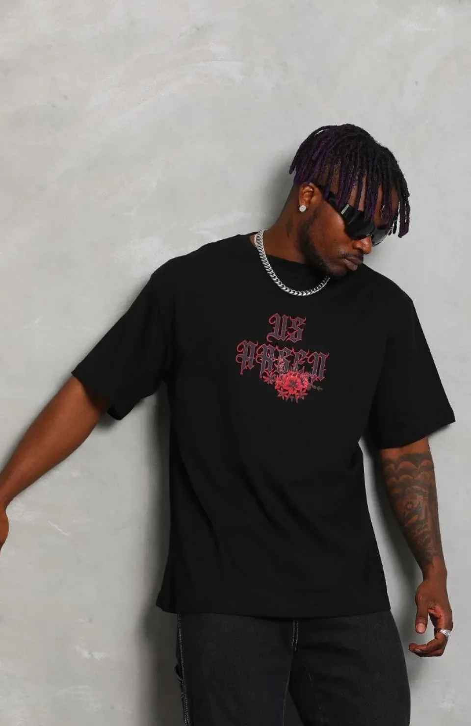 Unisex Oversize Baskılı Bisiklet Yaka T-Shirt - Siyah