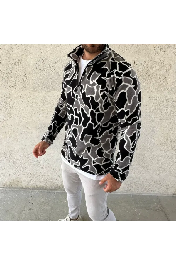 Erkek Yarım Fermuarlı Desenli Polar Sweat Yakalı, Uzun Kollu, Oversize Rahat Kalıp - Siyah