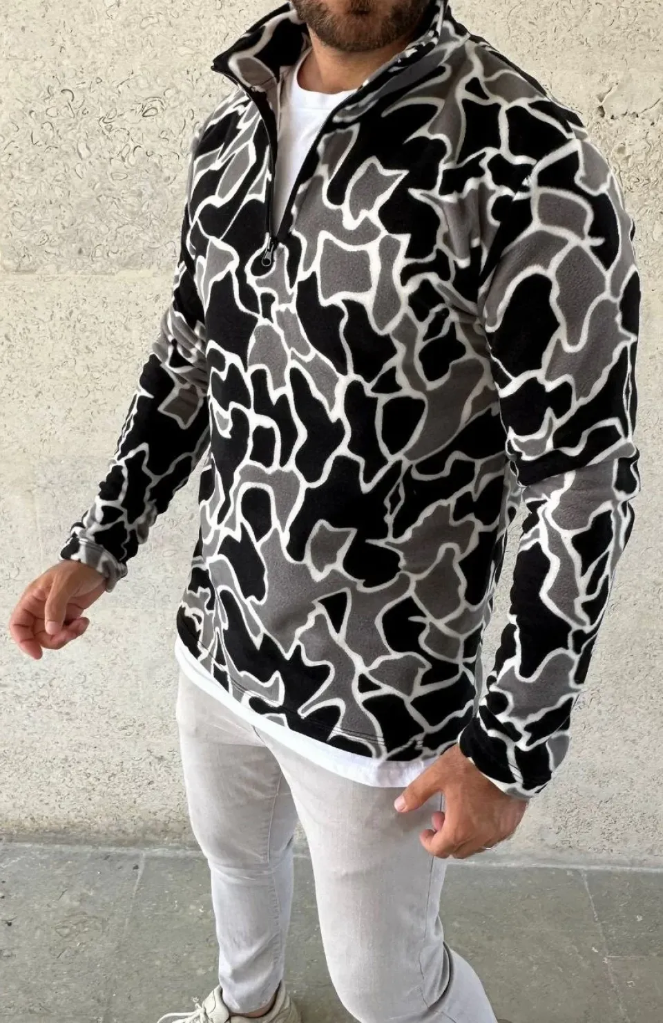 Erkek Yarım Fermuarlı Desenli Polar Sweat Yakalı, Uzun Kollu, Oversize Rahat Kalıp - Siyah