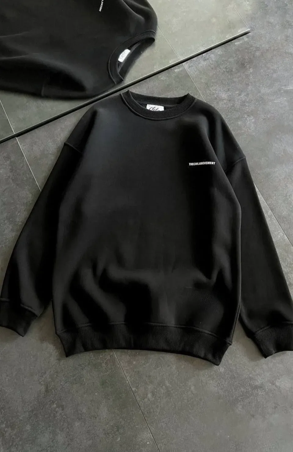 Kışlık Bisiklet Yaka Oversize Baskılı SweatShirt - Siyah