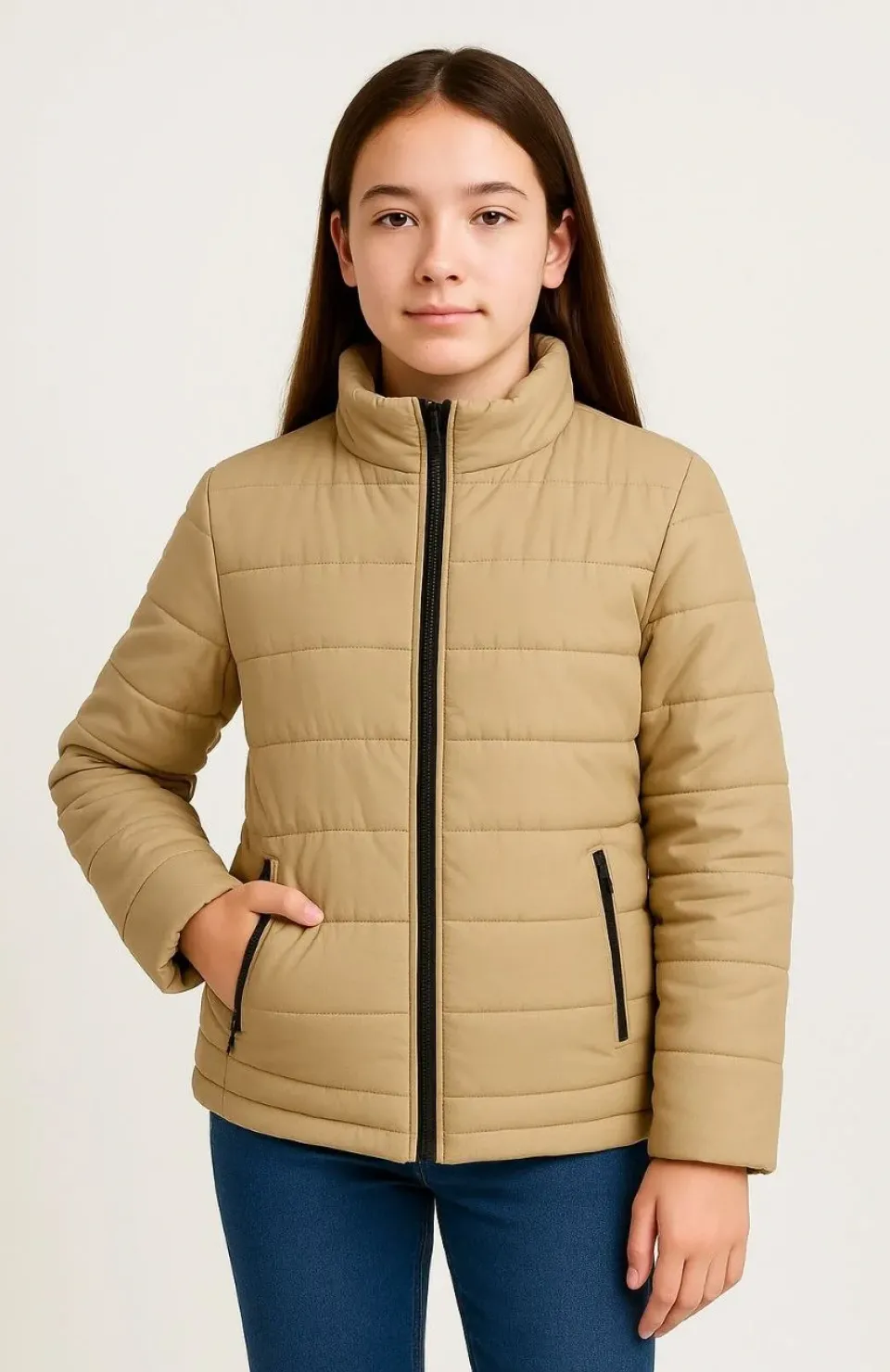 Kız Çocuk Şişme Mont Hafif ve Sıcak Tutucu Kışlık Fermuarlı Su İtici Rahat Günlük Mont Kapüşonuz Modern Tasarım - Bej Somersan Giyim | Kadın, Erkek ve Çocuk Moda