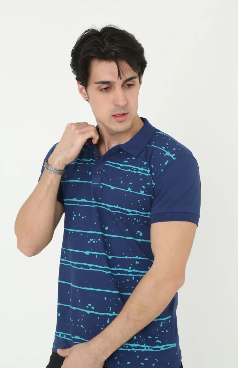 Erkek Yakalı Slim Fit Pike Çizgili T-Shirt - Mavi