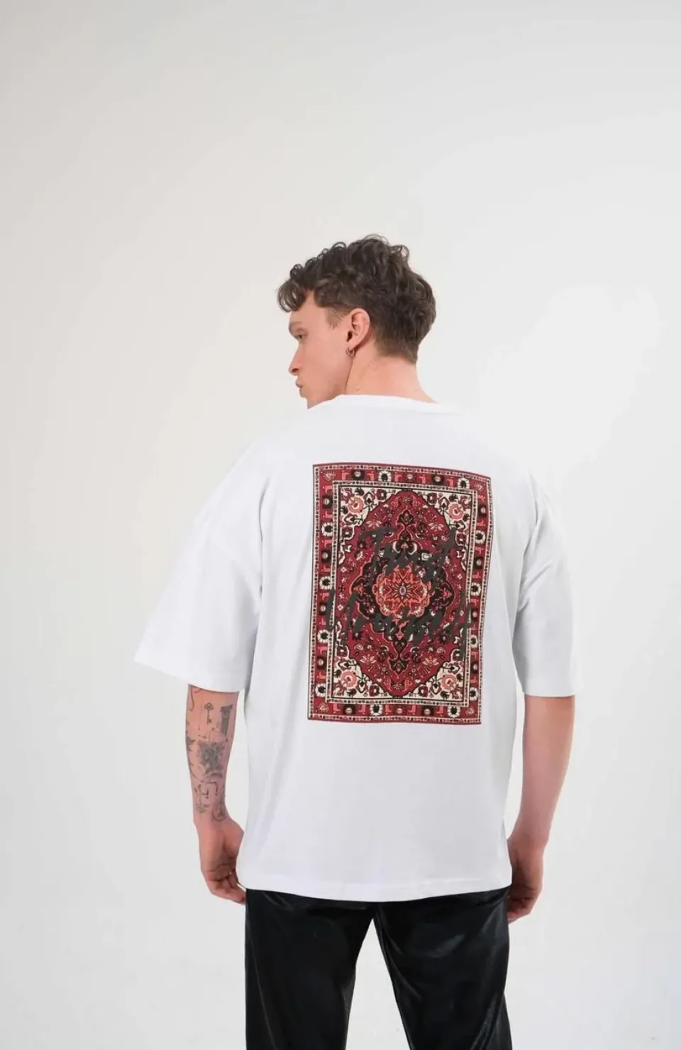 Unisex Bisiklet Yaka Baskılı Oversize T-Shirt - Beyaz