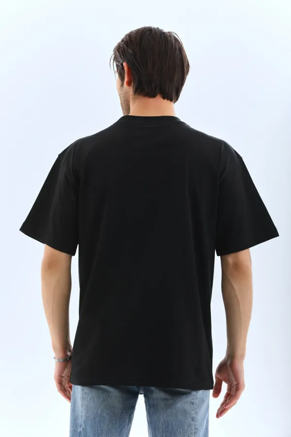 Unisex Oversize Düz Bisiklet Yaka T-Shirt - Siyah