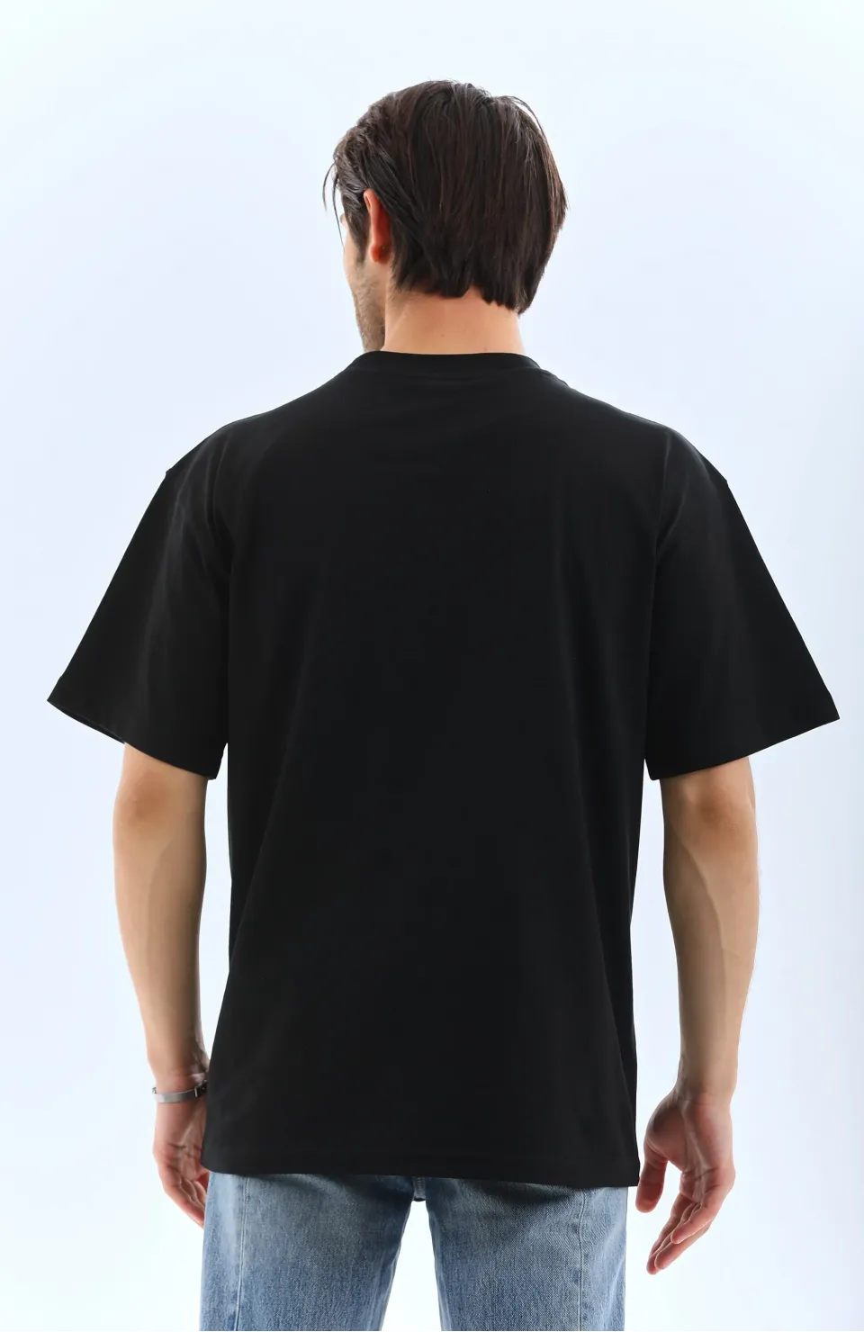 Unisex Oversize Düz Bisiklet Yaka T-Shirt - Siyah