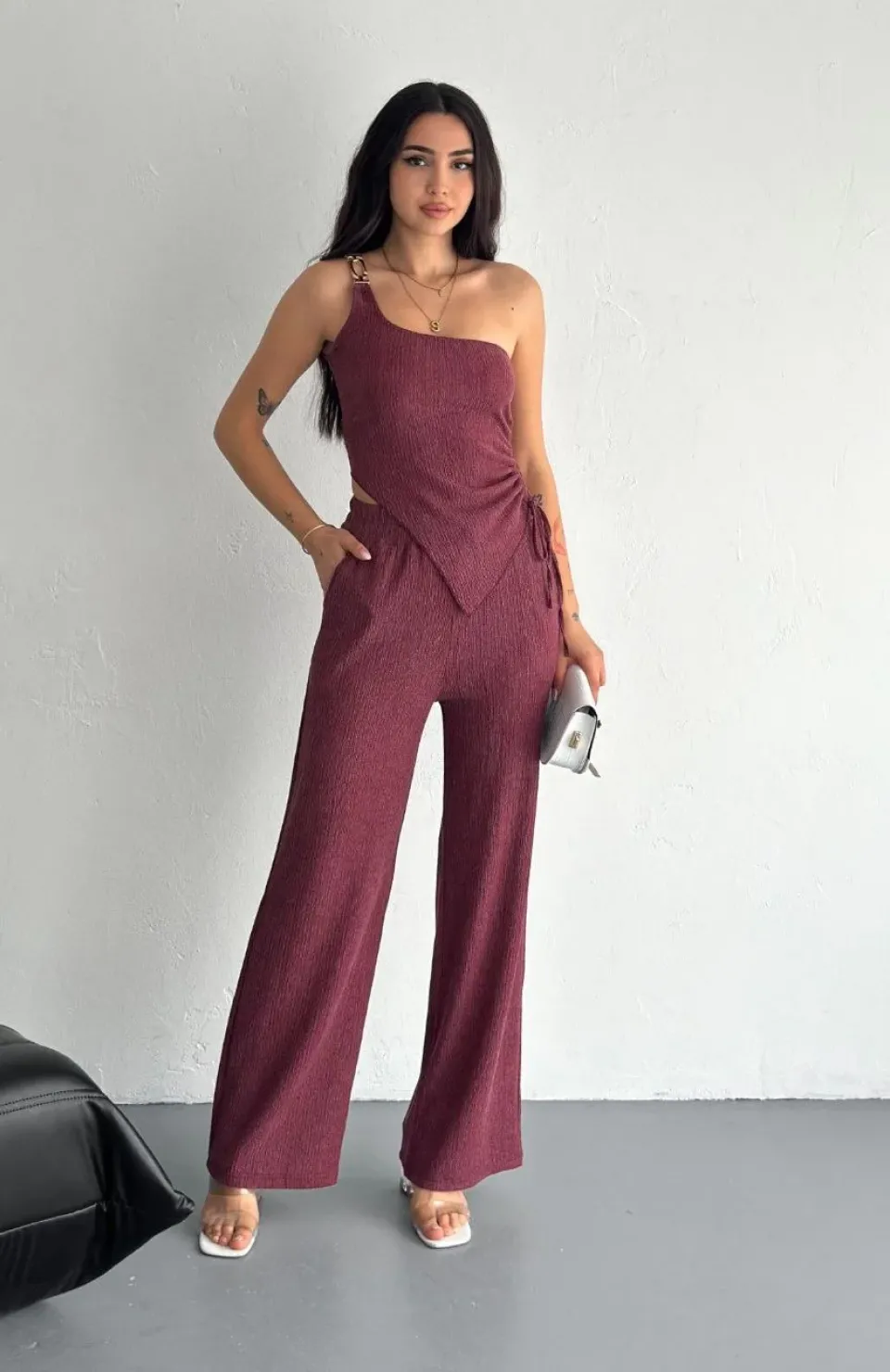 Asimetrik Crop Pantalon ikili Takım - Gül Kurusu