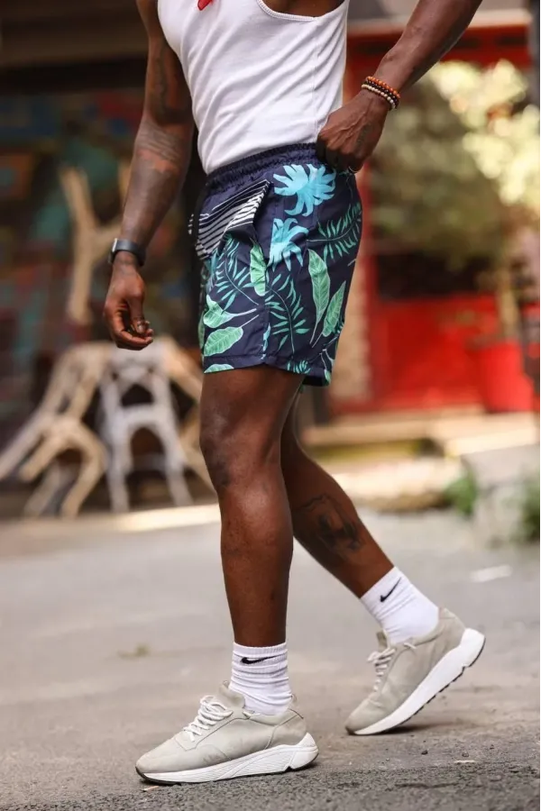 Erkek Palmiye Desenli Deniz Cepli Şort - Mavi