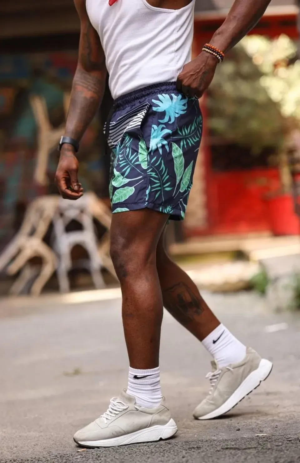 Erkek Palmiye Desenli Deniz Cepli Şort - Mavi