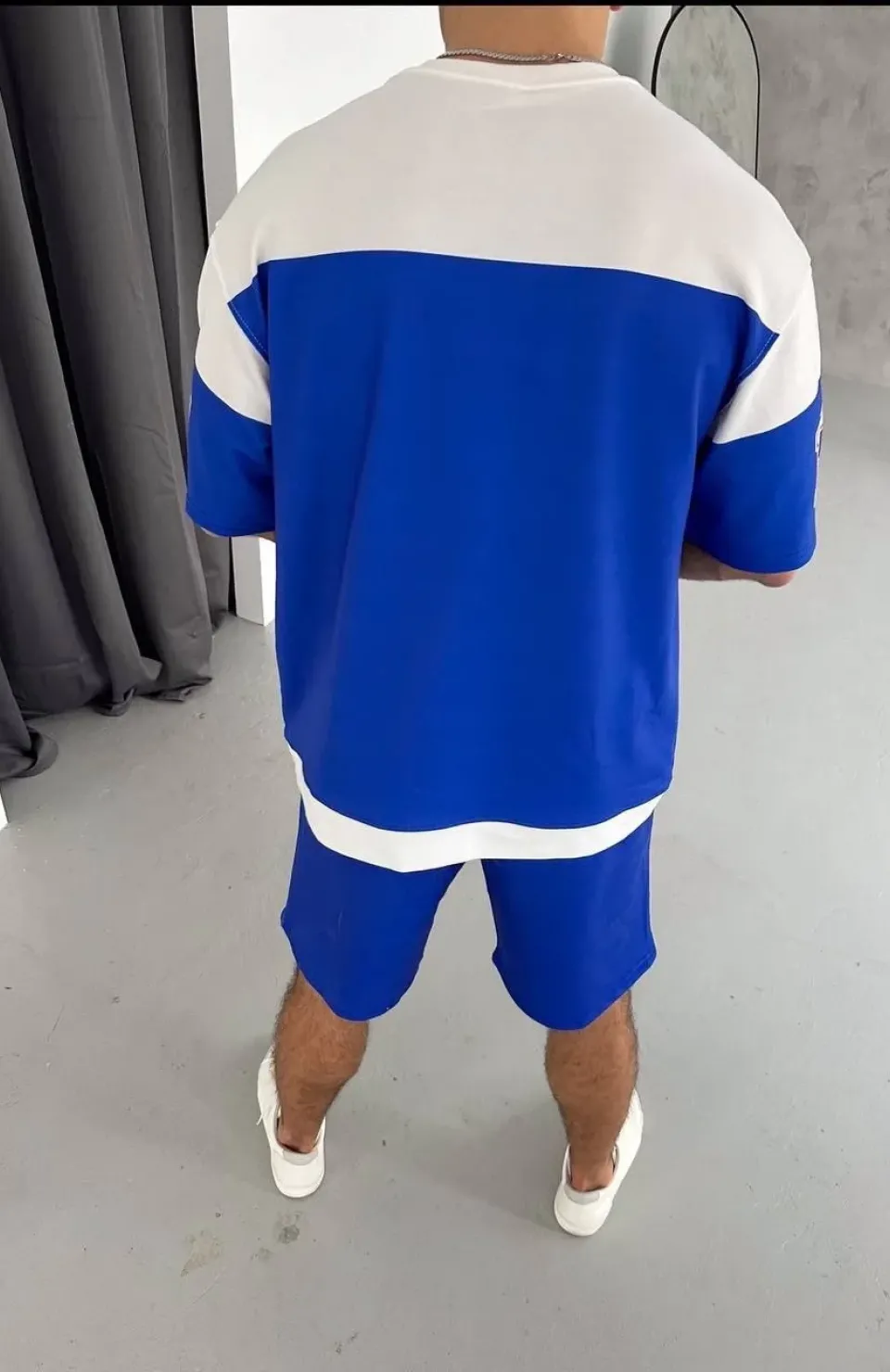 Erkek Şortlu Takım – Oversize İki İplik Kumaş, Ön & Arka Dijital Baskılı Tişört ve Lastikli Cepli Şort, Yazlık Günlük Spor Set - Mavi