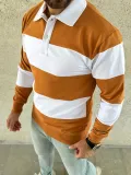 Erkek Polo Yaka Uzun Kollu Çizgili Sweatshirt Trend Rugby Stil - Turuncu