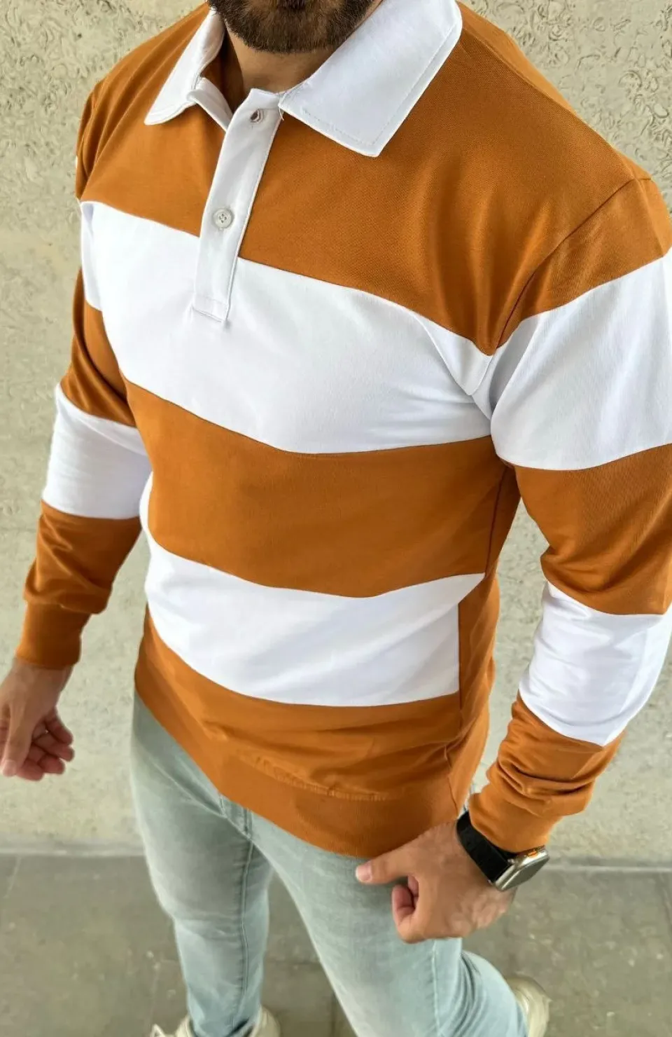 Erkek Polo Yaka Uzun Kollu Çizgili Sweatshirt Trend Rugby Stil - Turuncu