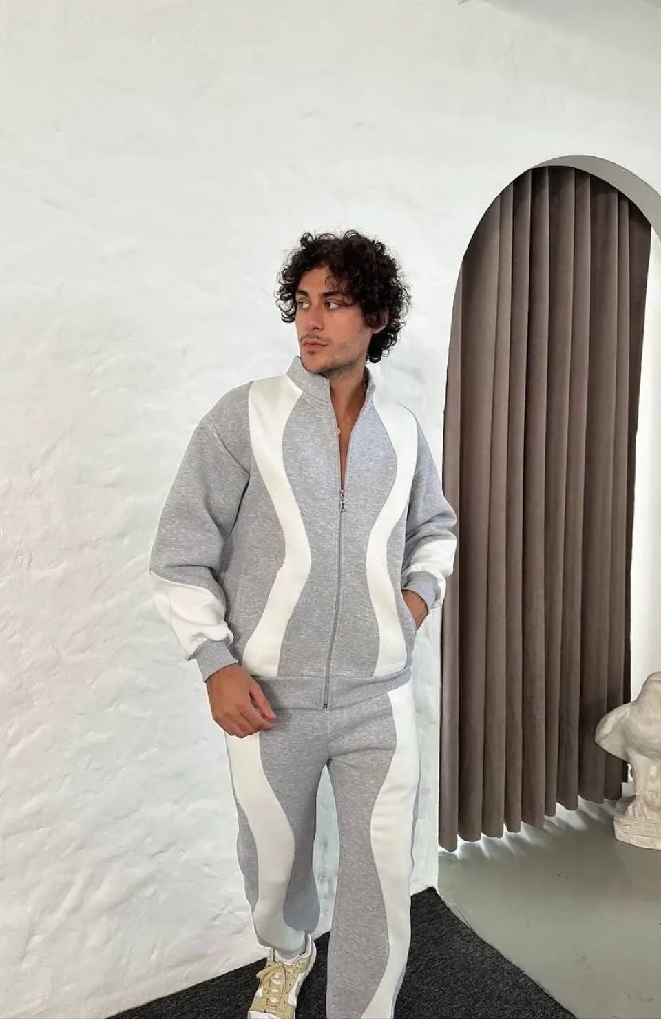 Erkek Premium Parçalı Eşofman Takım - Dik Yaka Fermuarlı Sweatshirt, - Gri