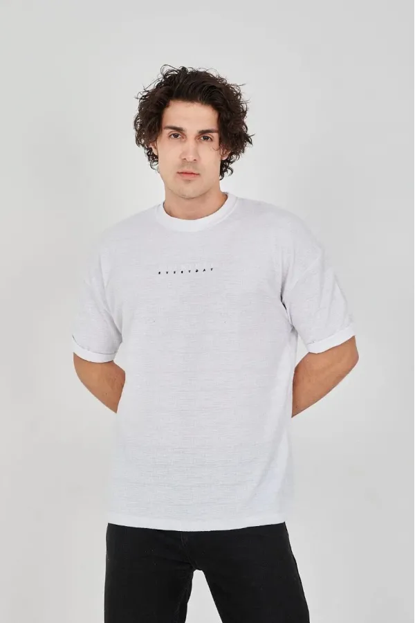 Unisex Jakar Kumaş Rahat Kol T-Shirt - Beyaz