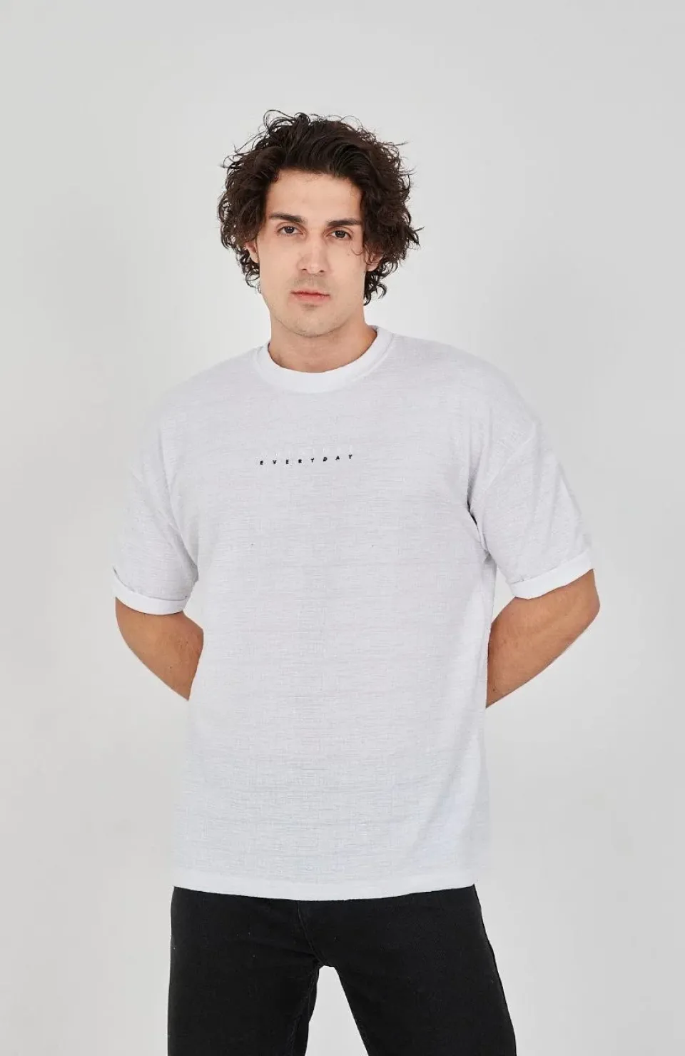 Unisex Jakar Kumaş Rahat Kol T-Shirt - Beyaz