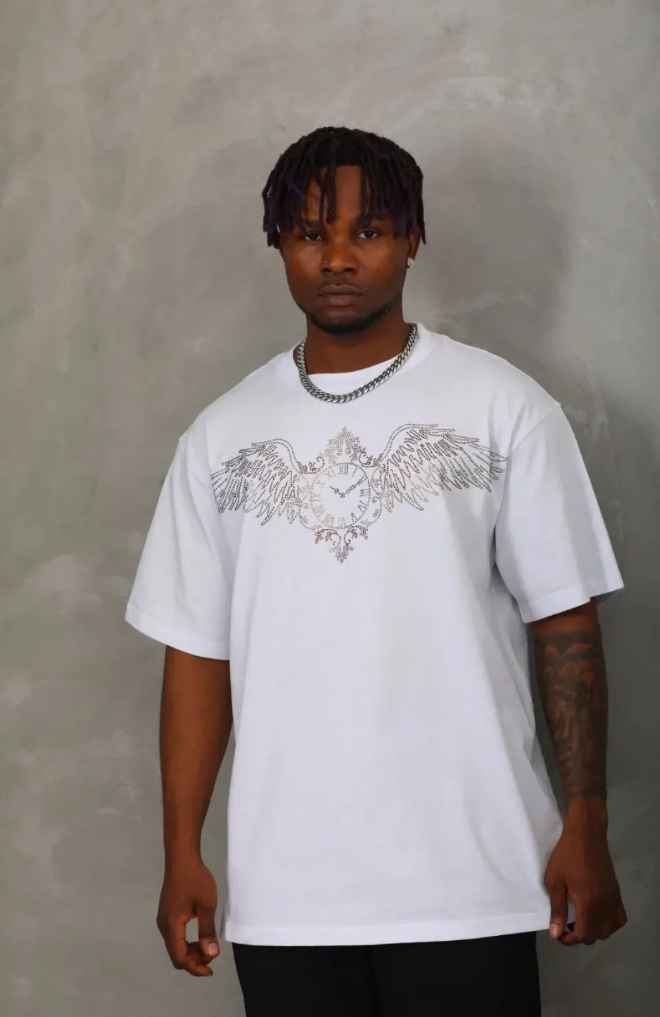 Unisex Oversize Taşlı Bisiklet Yaka T-Shirt - Beyaz