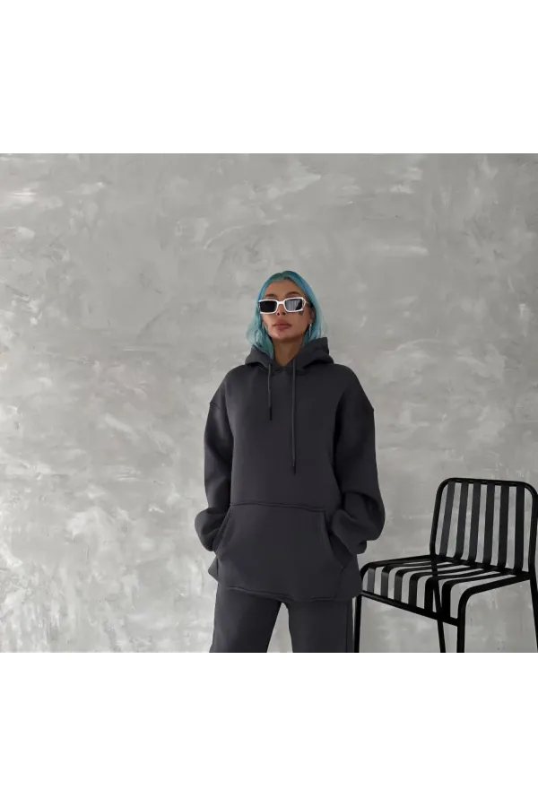 Kapüşonlu Üç İplik Penye Basic SweatShirt - Füme