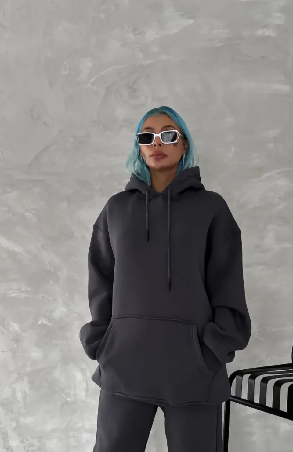 Kapüşonlu Üç İplik Penye Basic SweatShirt - Füme