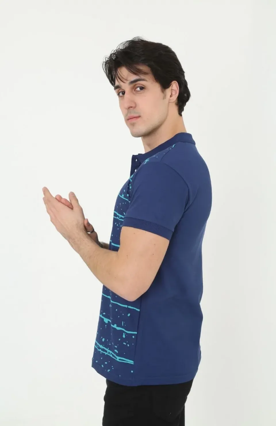 Erkek Yakalı Slim Fit Pike Çizgili T-Shirt - Mavi