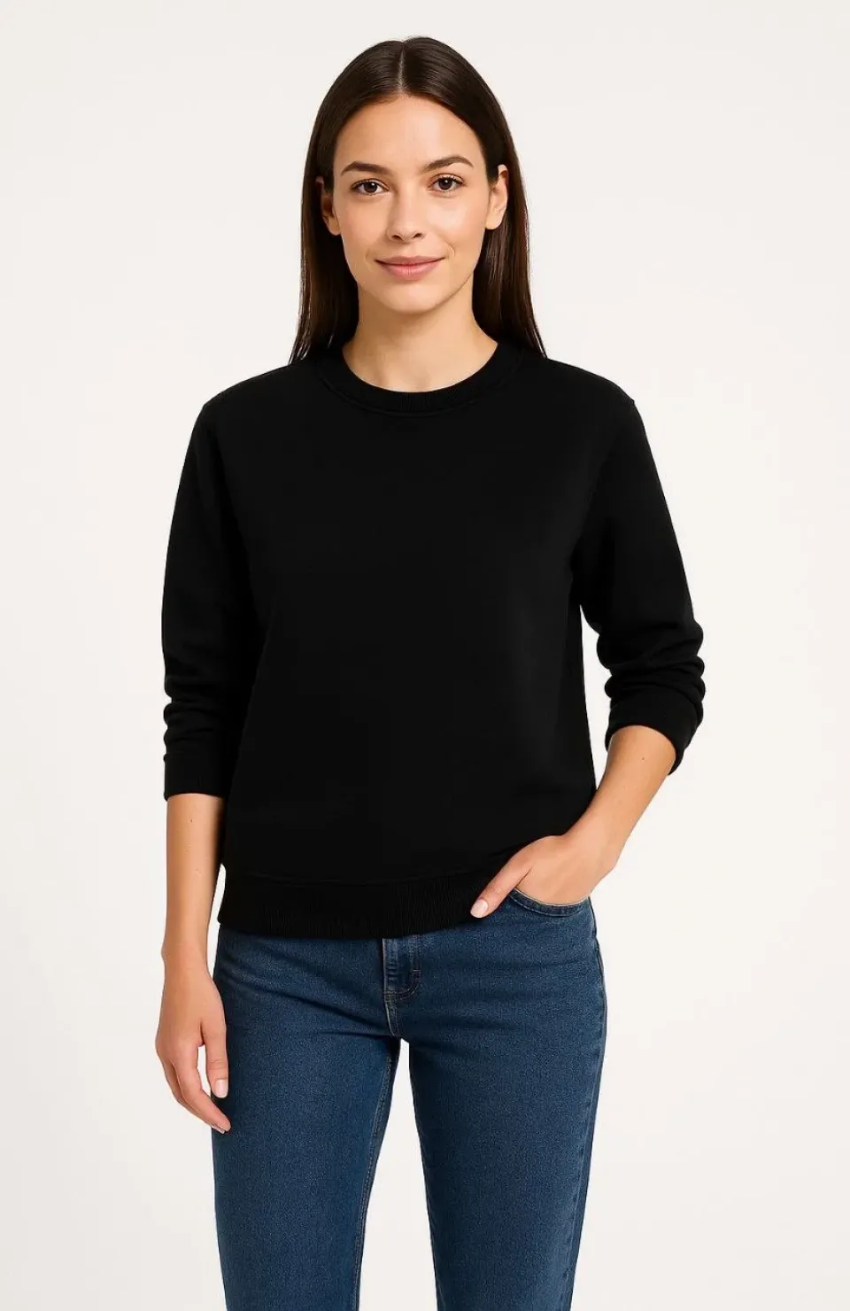 Kadın Üç İplik Düz Bisiklet Yaka SweatShirt - Siyah