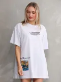 Unisex Bisiklet Yaka Baskılı Oversize T-Shirt - Beyaz