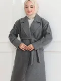 Beli Kuşaklı Yünlü Dokuma Kaşmir Kaban - Gri Somersan Giyim | Kadın, Erkek ve Çocuk Moda