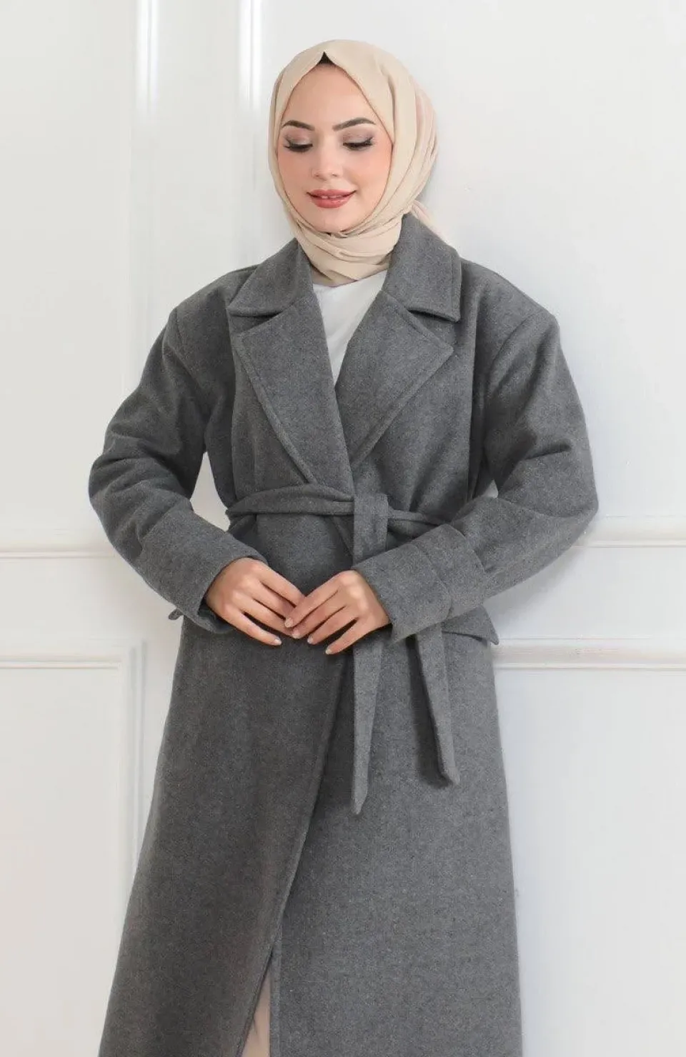 Beli Kuşaklı Yünlü Dokuma Kaşmir Kaban - Gri Somersan Giyim | Kadın, Erkek ve Çocuk Moda