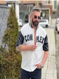 Erkek Complex Kolları Deri Kolej Oversize T-Shirt - Beyaz