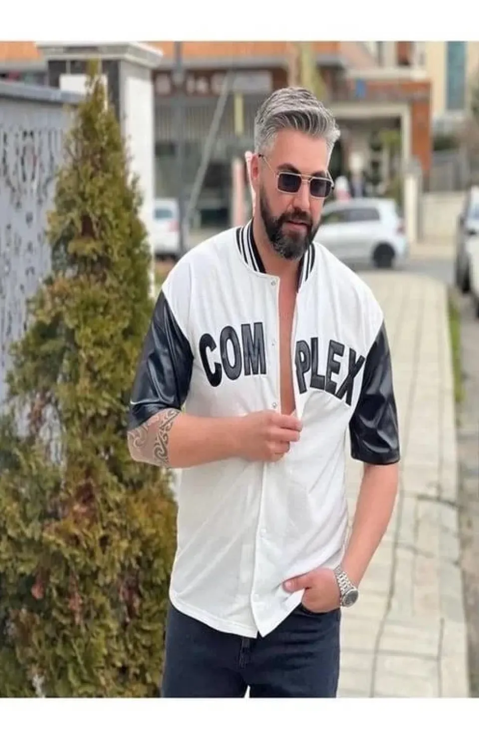 Erkek Complex Kolları Deri Kolej Oversize T-Shirt - Beyaz