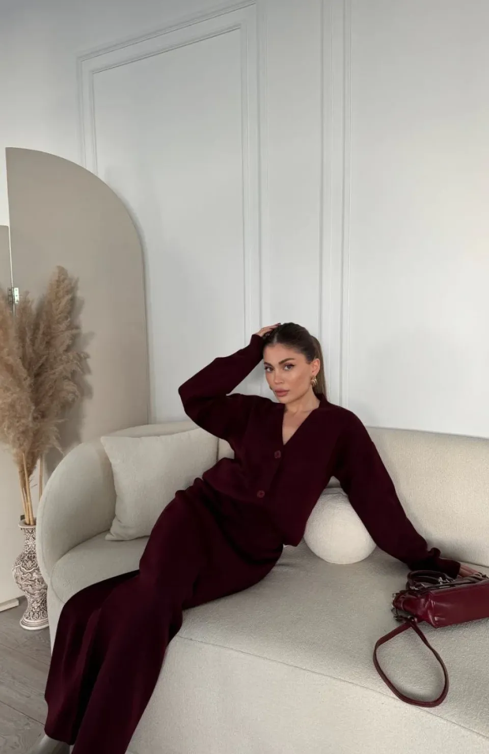 V Yaka 3 Düğmeli Hırka Takım Triko İkili Etekli - Bordo