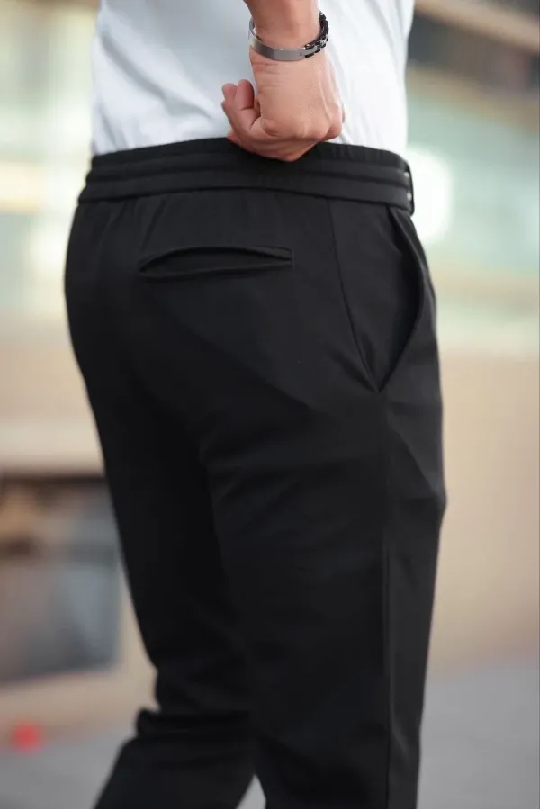 Erkek Diagonel Mikro dokulu Cepli Beli Lastilki Pantolon - Siyah