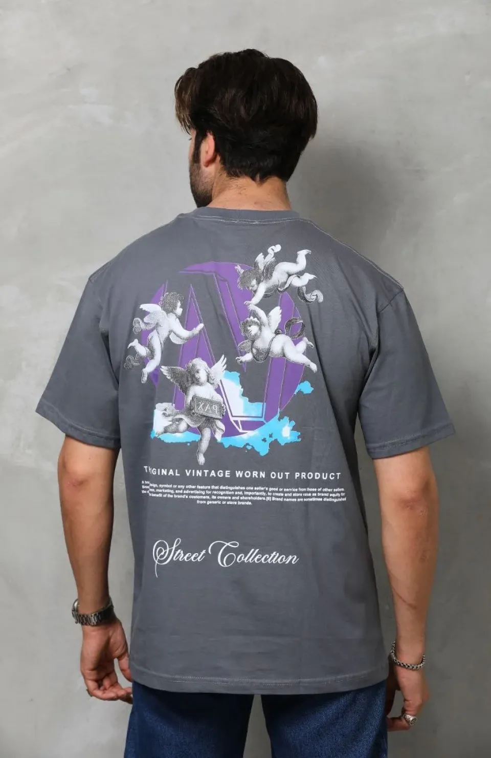 Unisex Bisiklet Yaka Baskılı Oversize T-Shirt - Füme Somersan Giyim | Kadın, Erkek ve Çocuk Moda