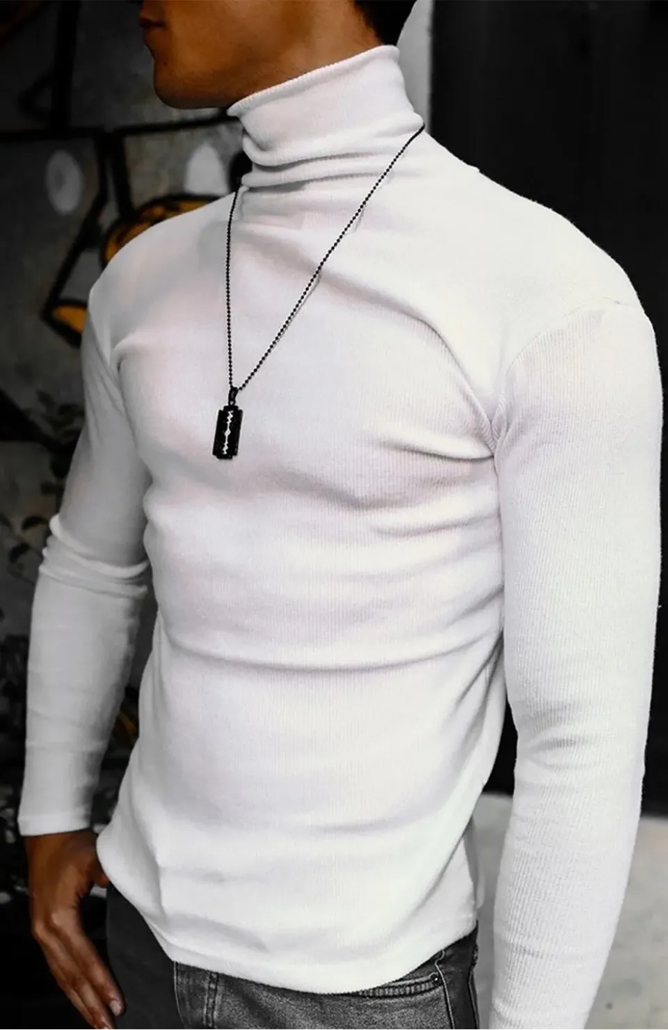 Erkek Kaşkorse Boğazlı Full Likralı Fitilli Body Kazak - Beyaz Somersan Giyim | Kadın, Erkek ve Çocuk Moda