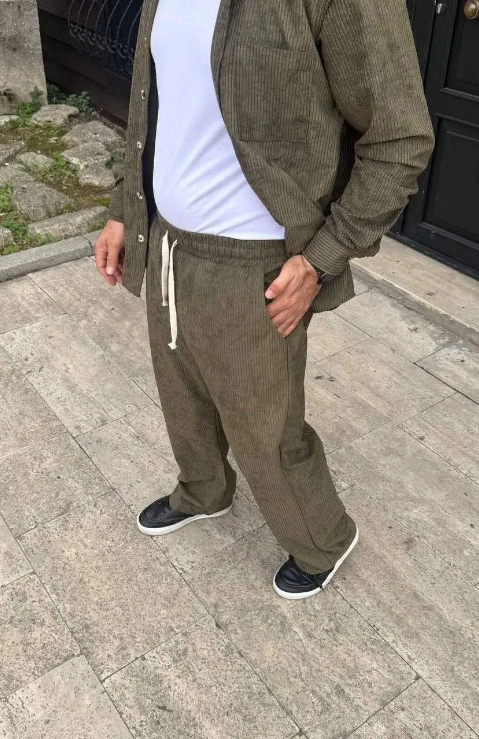 Erkek Fitilli Kadife Cepli Buggy Pantolon Oversize Rahat Kalıp - Haki