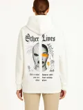 Kadın Kapşonlu Sweatshirt – Oversize Üç İplik Şardonlu Hoodie, “Other Lives” Ön & Arka Baskılı, Kanguru Cepli, Kışlık Rahat Günlük Stil - Beyaz