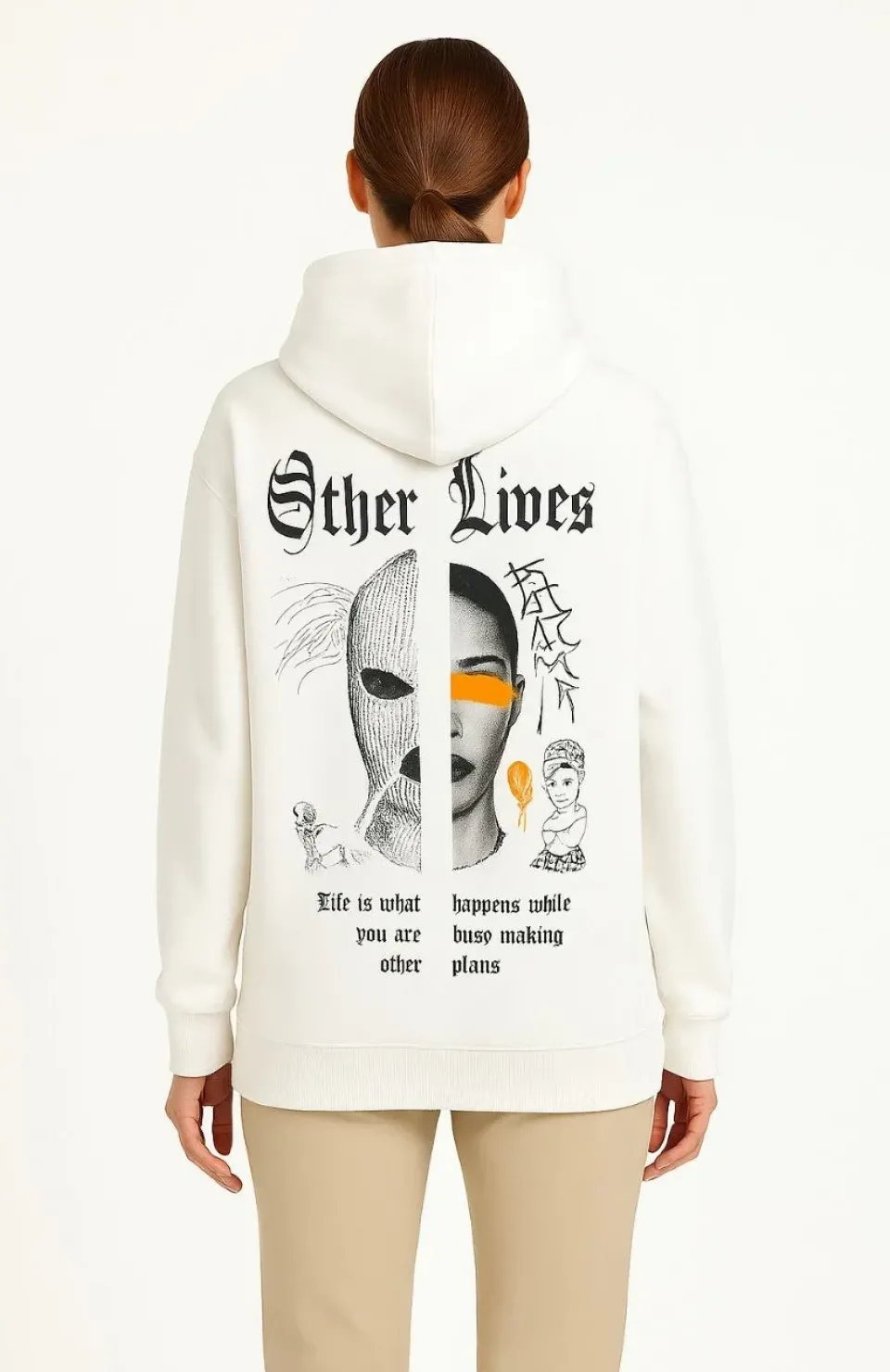 Kadın Kapşonlu Sweatshirt – Oversize Üç İplik Şardonlu Hoodie, “Other Lives” Ön & Arka Baskılı, Kanguru Cepli, Kışlık Rahat Günlük Stil - Beyaz