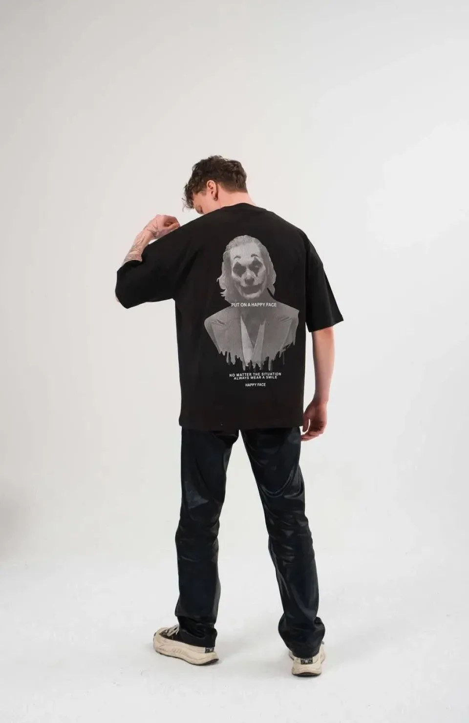 Unisex Bisiklet Yaka Baskılı Oversize T-Shirt - Siyah