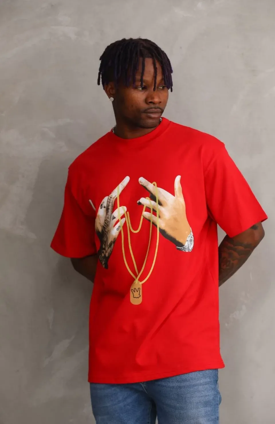 Unisex Baskılı Oversize T-Shirt - Kırmızı