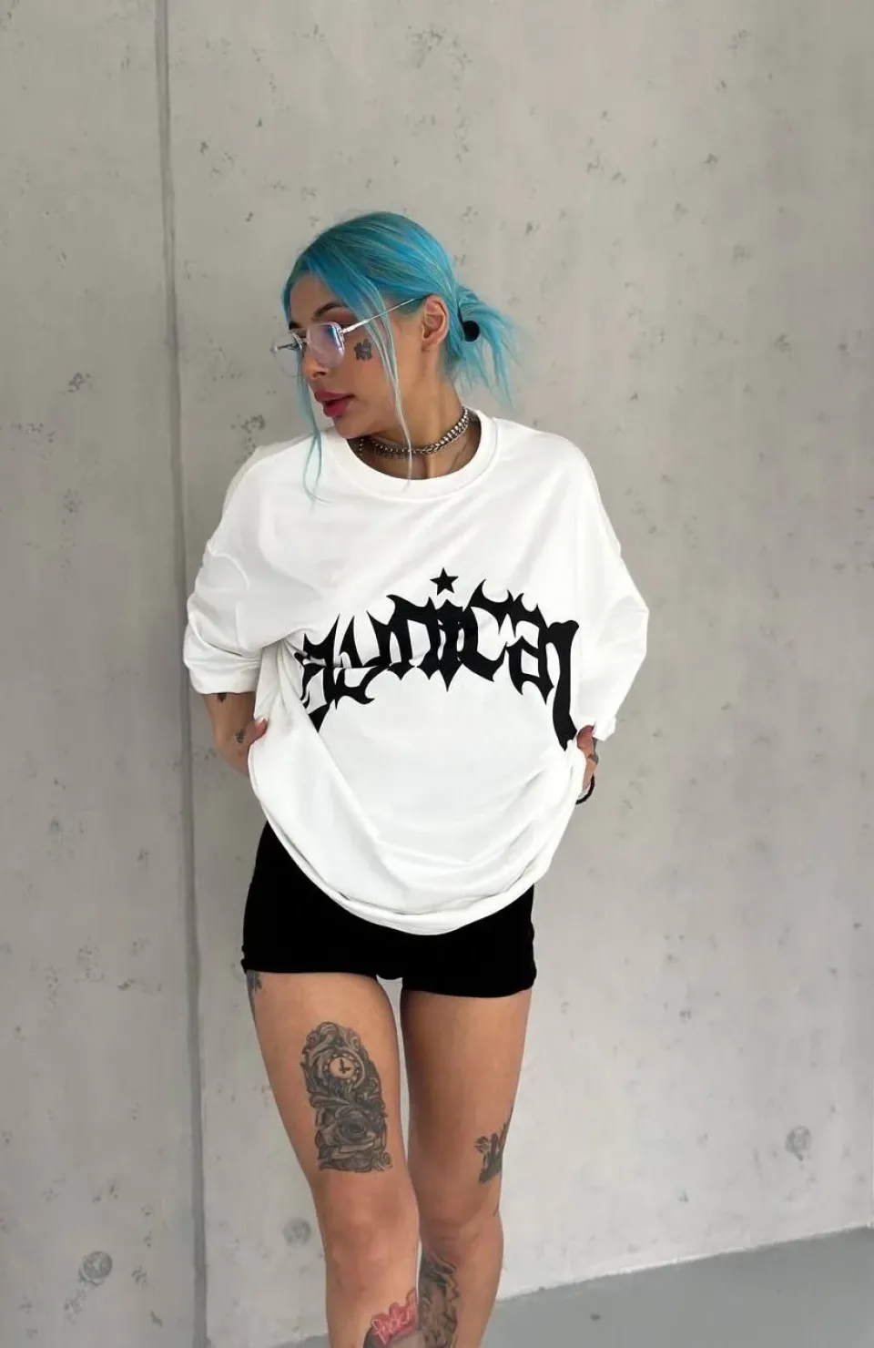 Unisex Bisiklet Yaka Baskılı Oversize T-Shirt - Beyaz